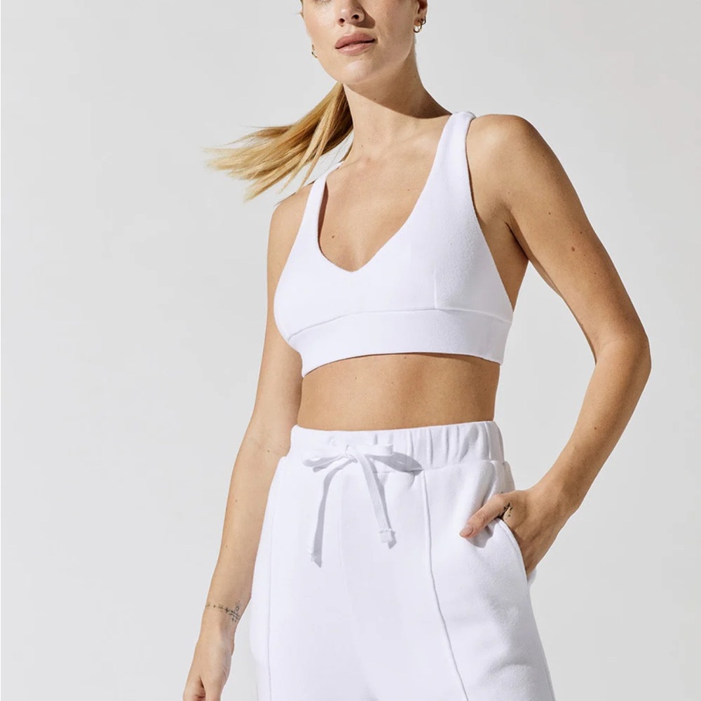 Carbon38 White V-Neck Cross Back Bra in French Terry NWT SZ L